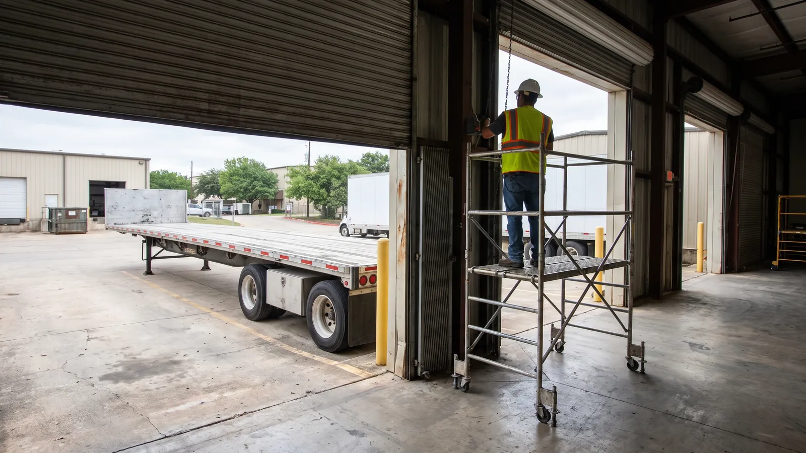 Technician on a rolling scaffold servicing the barrel of a large steel roll-up door at a warehouse loading bay in an Austin industrial park, flatbed trailer backed up to the next bay