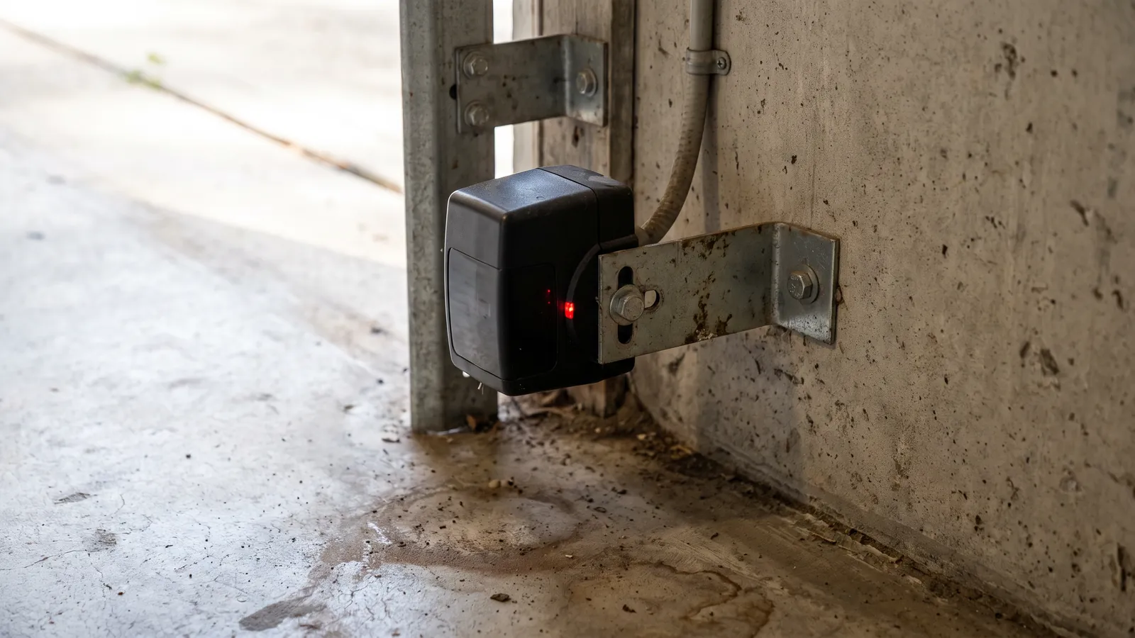 Garage door photo-eye safety sensor on its bracket a few inches above a concrete floor, lens facing across the opening, small indicator light glowing