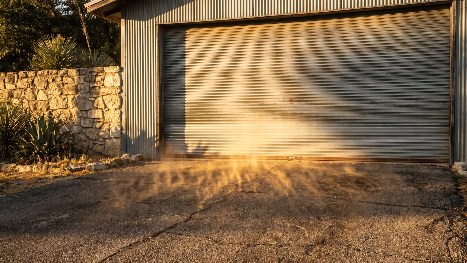 A west-facing steel garage door in full Texas afternoon sun, heat shimmer rising off the driveway, the house's limestone wall and a faded thermometer on the garage trim